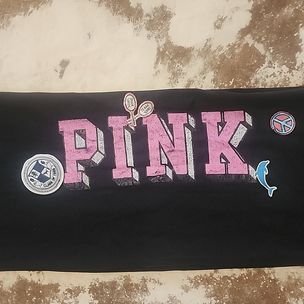 Rare Pink VS 2007 Black Flare Sweatpants With Tennis Club & Peace Logo Patch.